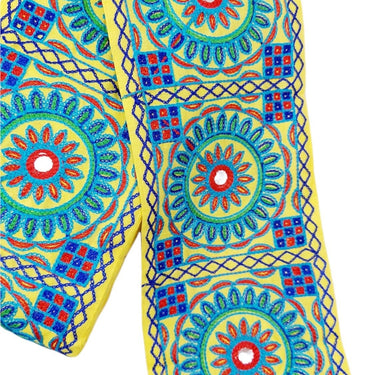 Indian Yellow Fabric Trim, Mirror Floral Kutch Embroidered, Decorative Trim